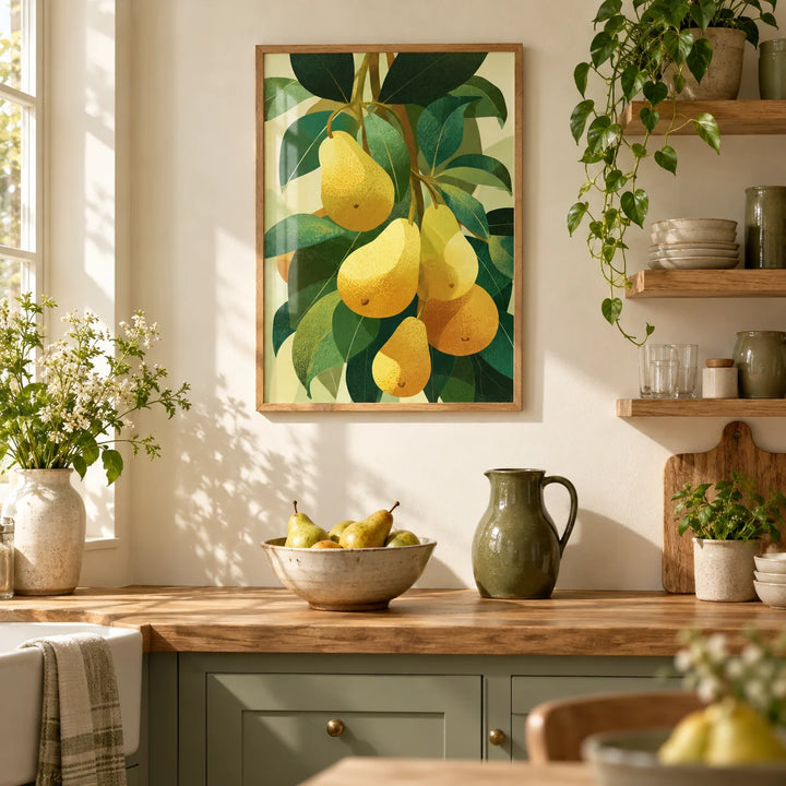 Pear Wall Art, framed on the wall of a bright country kitchen with plain cream walls