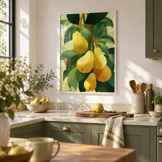 Pear Wall Art, framed on the wall of a modern olive green kitchen