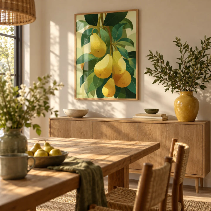 Pear Wall Art, framed on the wall of a sunny dining room