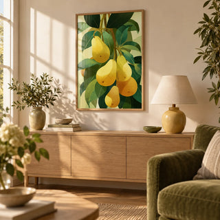 Pear Wall Art, framed on the wall of a warm living room