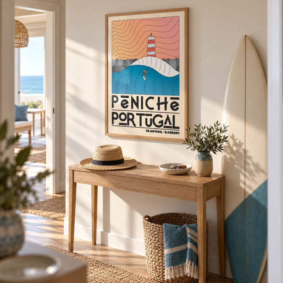 Peniche Portugal Wall Art, framed on the wall of a beach-house hallway