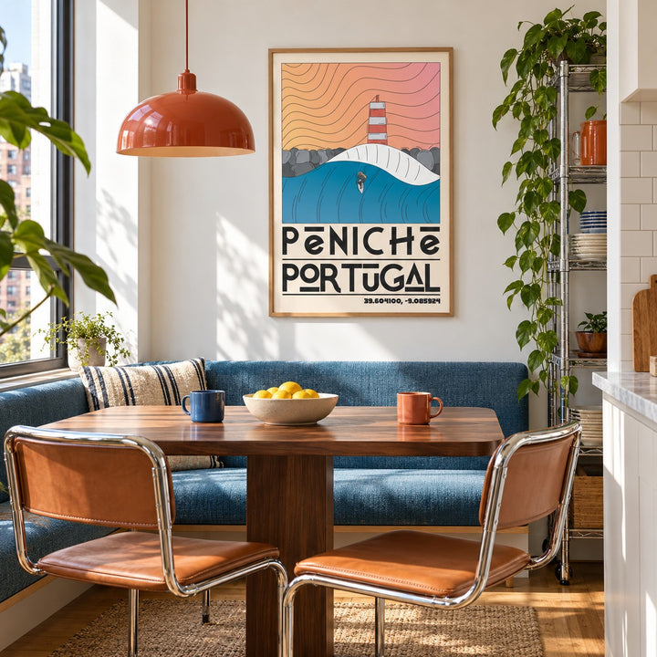 Peniche Portugal Wall Art shown in a breakfast nook (frame not included)