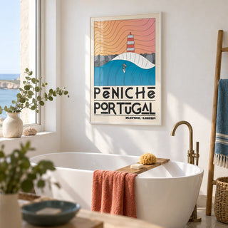 Peniche Portugal Wall Art, framed on the wall of a calm coastal bathroom with plain white walls