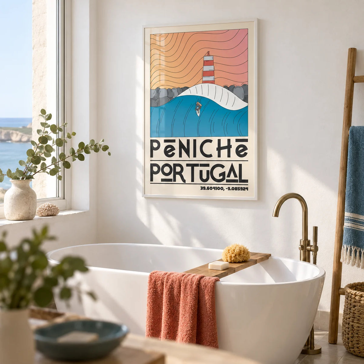 Peniche Portugal Wall Art, framed on the wall of a calm coastal bathroom with plain white walls