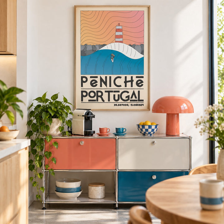 Peniche Portugal Wall Art shown in a kitchen above a coffee station (frame not included)