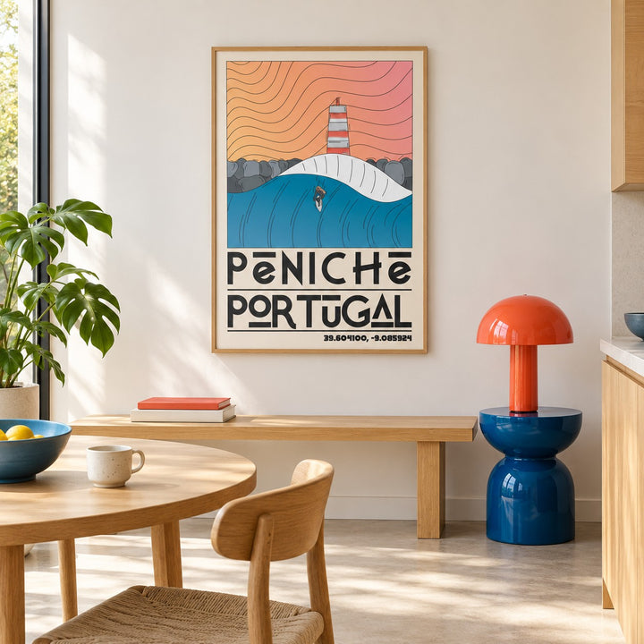 Peniche Portugal Wall Art shown in a colourful minimalist room (frame not included)