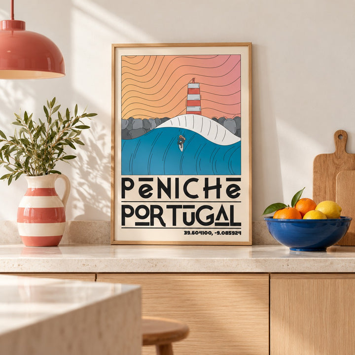 Peniche Portugal Wall Art shown in a kitchen, leaning on the counter (frame not included)