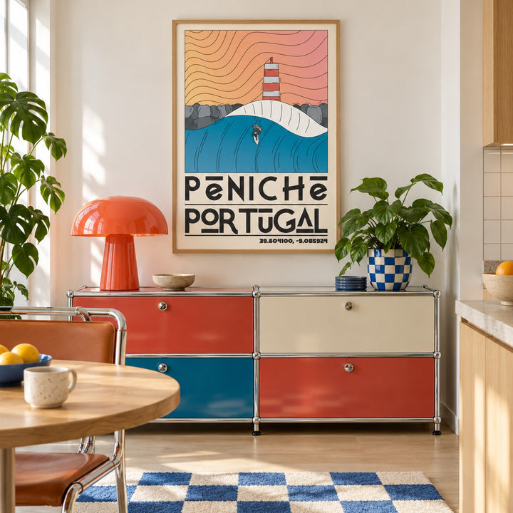 Peniche Portugal Wall Art shown in a playful retro modern room (frame not included)
