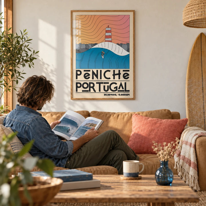 Peniche Portugal Wall Art, framed on the wall of a relaxed surf-house living room