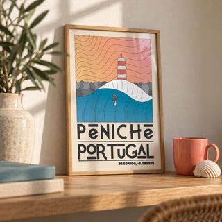 Peniche Portugal Wall Art, a small A4 framed print leaning on an oak shelf in a living room