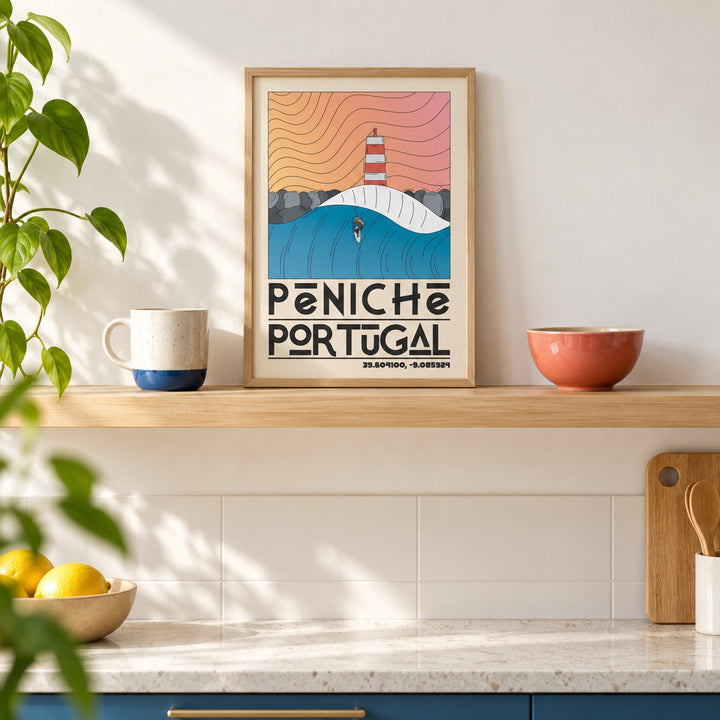 Peniche Portugal Wall Art shown in the small A4 size on a kitchen shelf (frame not included)