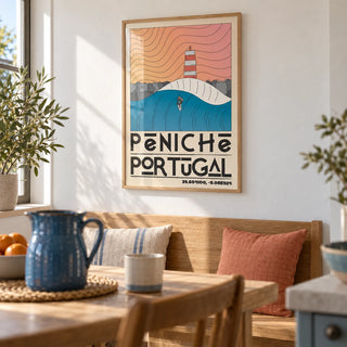 Peniche Portugal Wall Art, framed on the wall of a sunny kitchen-diner