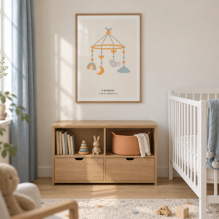 Personalised Baby Poster, framed on the wall of a calm Scandi nursery in a UK family home with warm white walls and pale oak floorboards