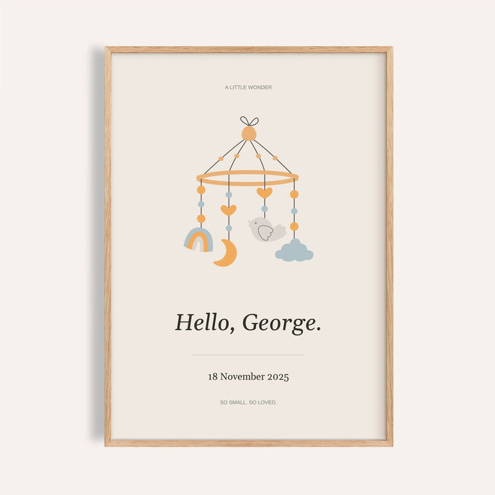 Baby Nursery Poster personalised print, shown framed in natural wood