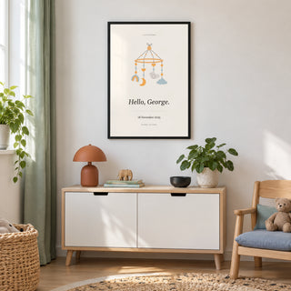 Baby Nursery Poster in a modern nursery dresser setting, black frame