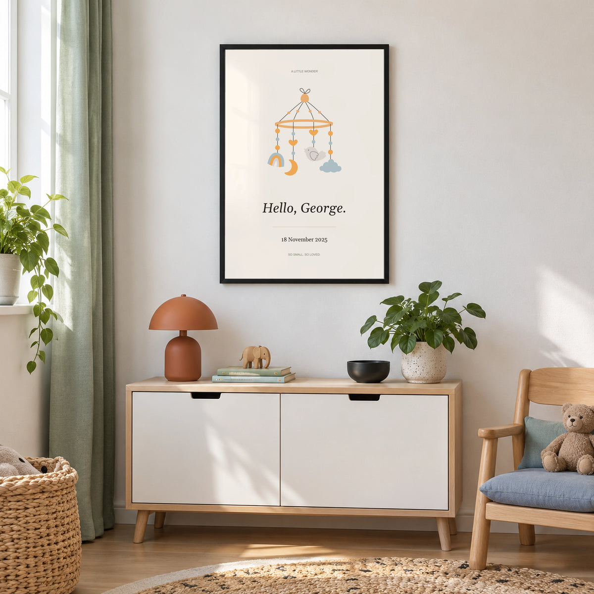 Baby Nursery Poster in a modern nursery dresser setting, black frame