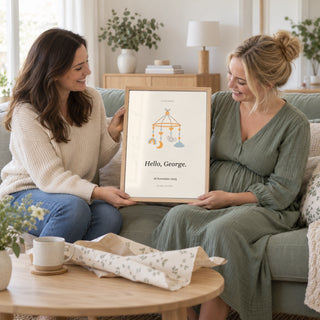 Baby Nursery Poster in a gift for a new parent, natural wood frame