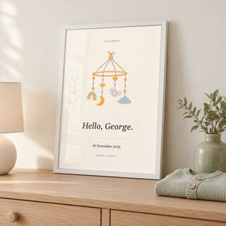 Baby Nursery Poster in a styled nursery frame detail, white frame