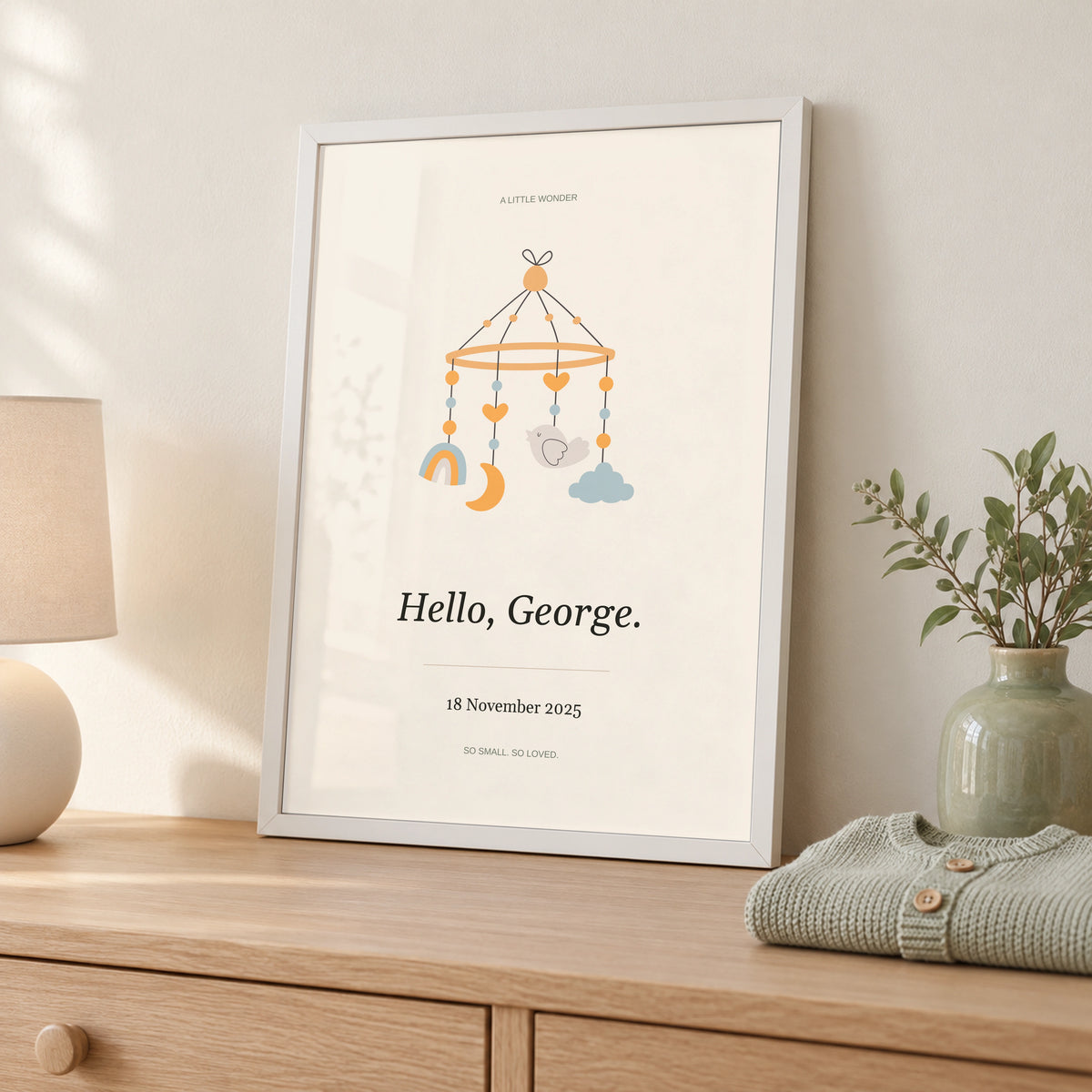 Baby Nursery Poster in a styled nursery frame detail, white frame