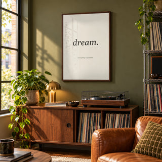 Personalised Quote Poster in a music-lover living room, dark wood frame