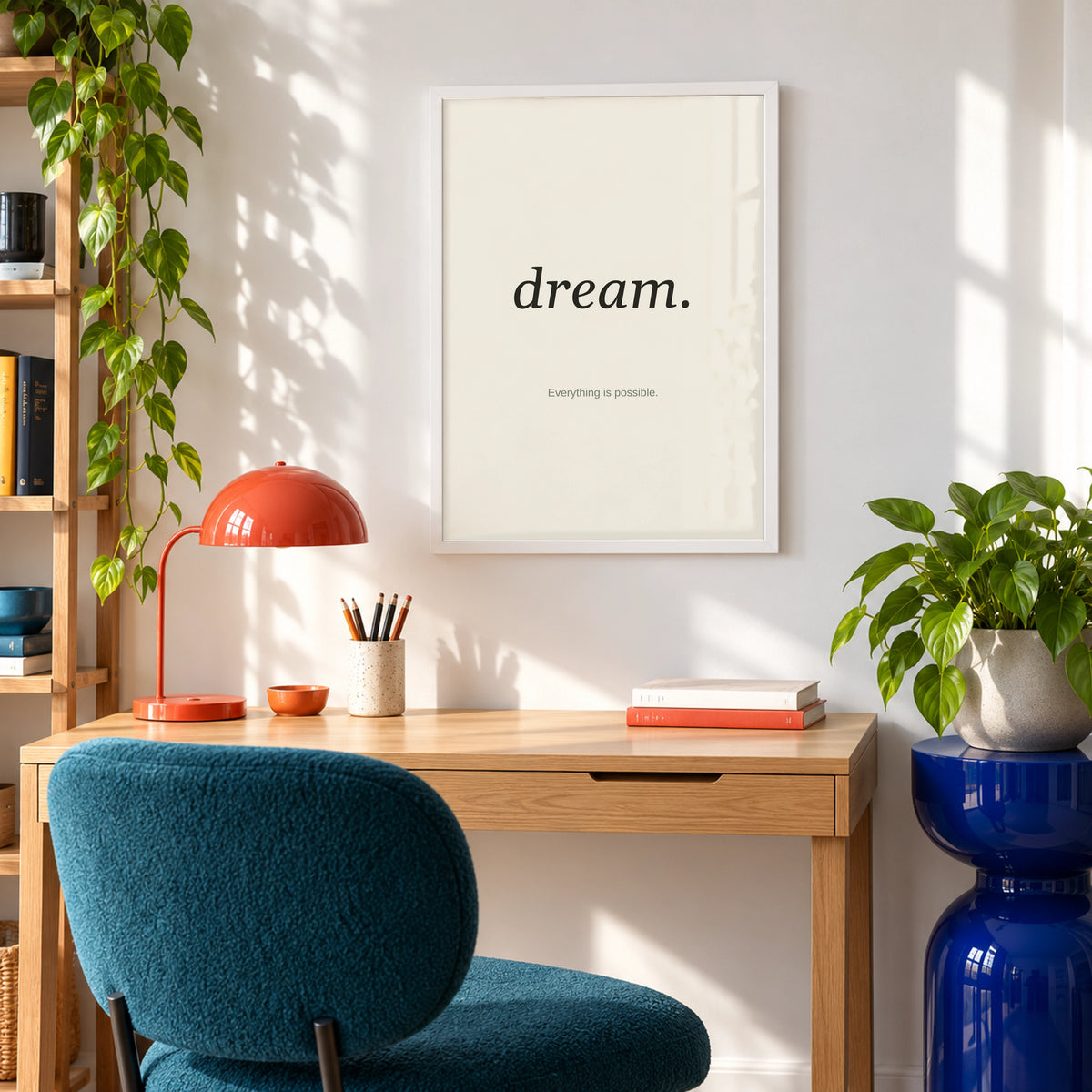 Personalised Quote Poster in a colourful home workspace, white frame