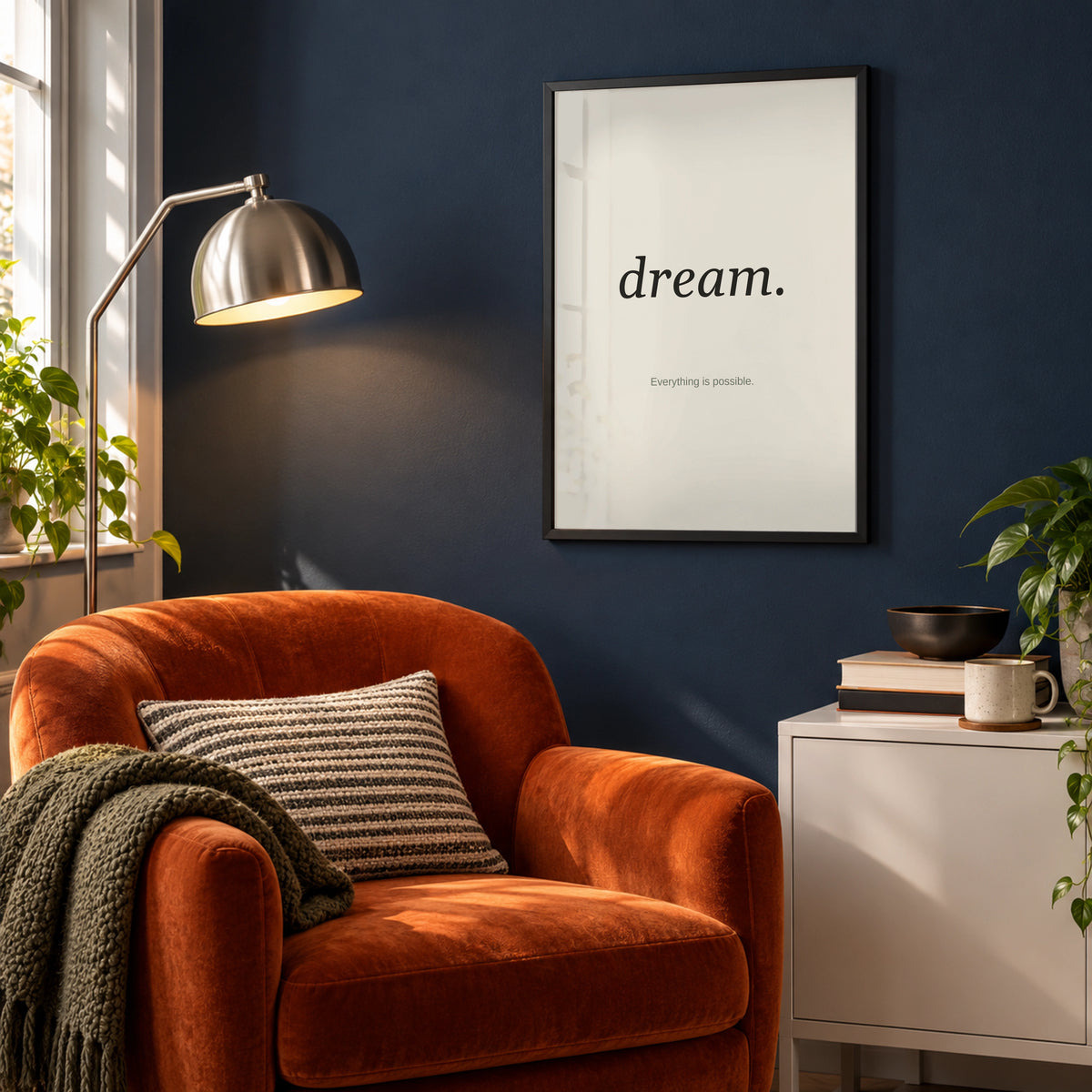 Personalised Quote Poster in a city-apartment reading corner, black frame