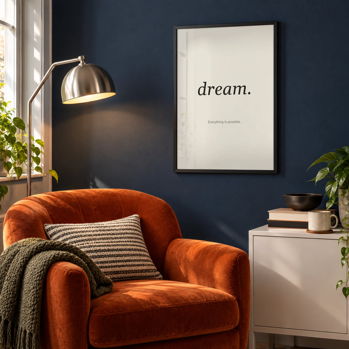 Personalised Quote Poster in a city-apartment reading corner, black frame