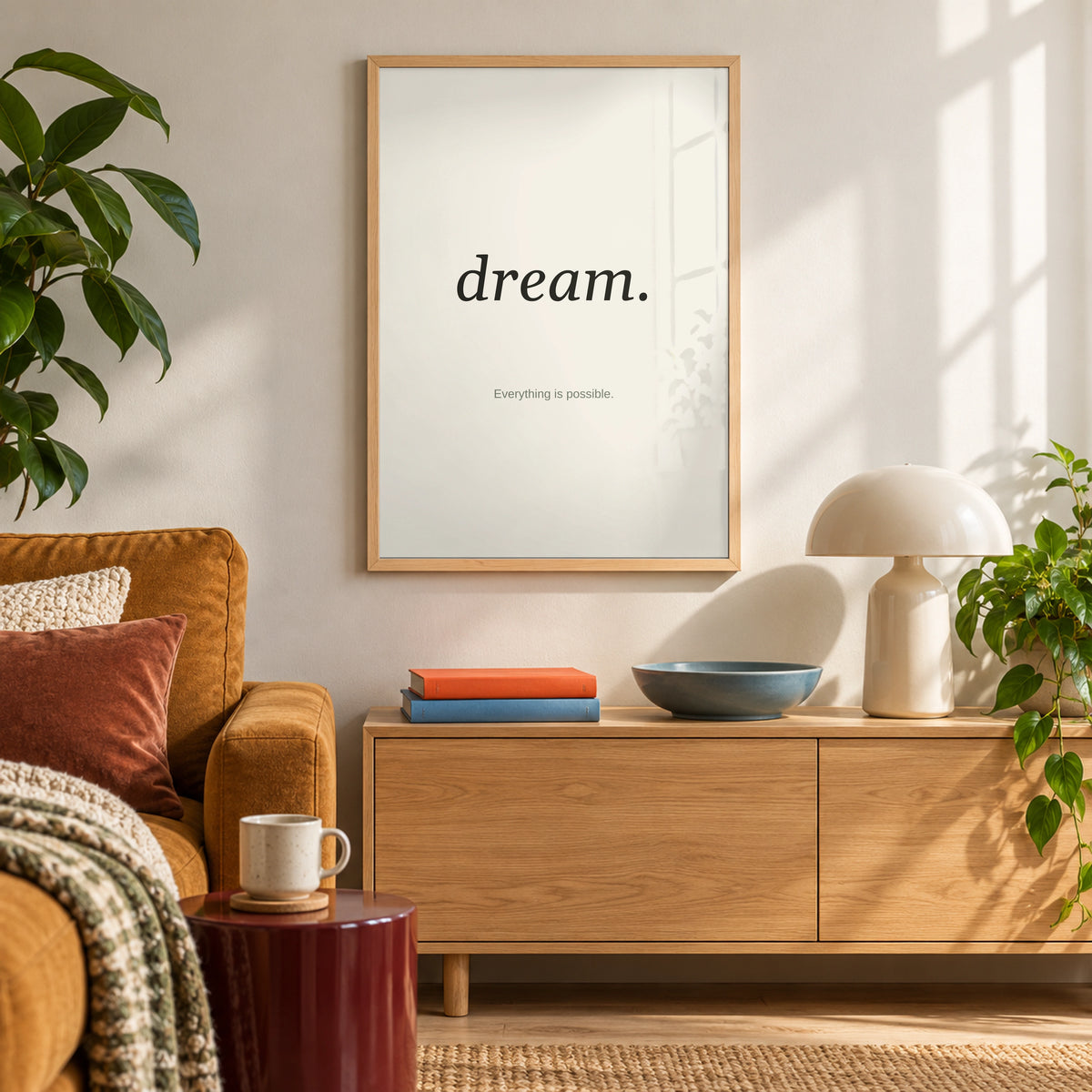 Personalised Quote Poster in a colourful modern living room, natural wood frame