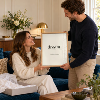 Personalised Quote Poster in a gifting moment at home, natural wood frame