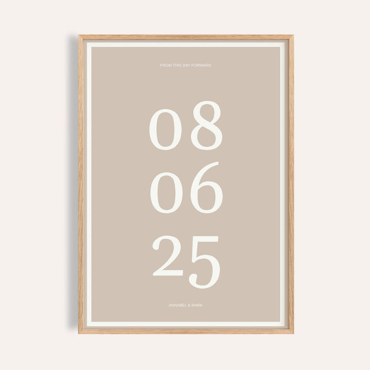 Anniversary Date Print personalised print, shown framed in natural wood