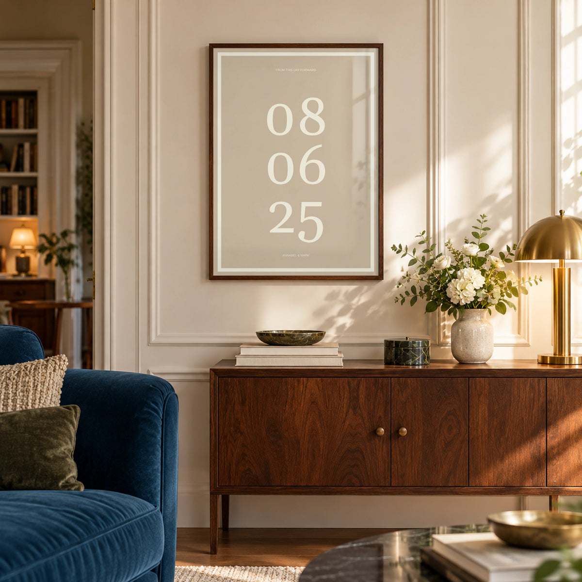 Anniversary Date Print in a townhouse living room, dark wood frame