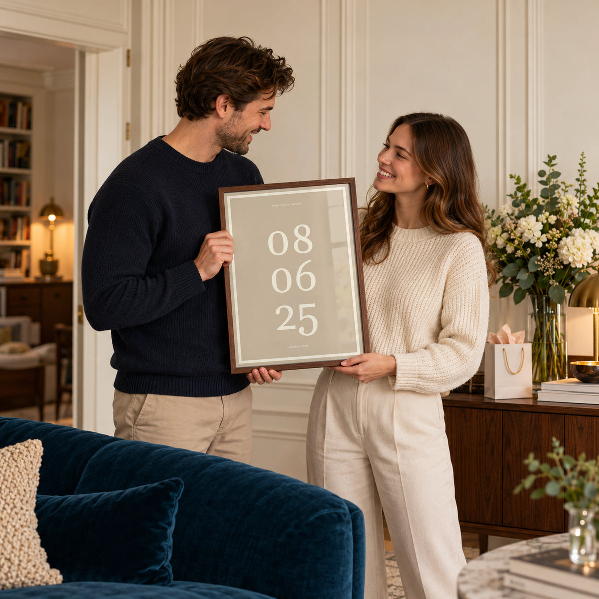 Anniversary Date Print in a anniversary gifting moment, dark wood frame