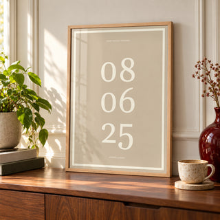 Anniversary Date Print in a styled frame detail, natural wood frame