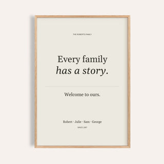 Family Story Poster personalised print, shown framed in natural wood