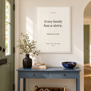 Family Story Poster in a bright entrance hallway, white frame