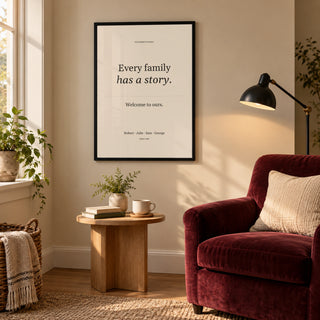 Family Story Poster in a warm reading corner, black frame