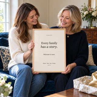 Family Story Poster in a family gifting moment, natural wood frame