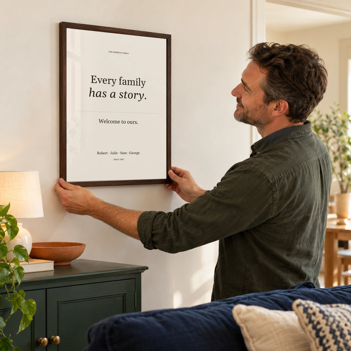 Family Story Poster in a placing the print at home, dark wood frame