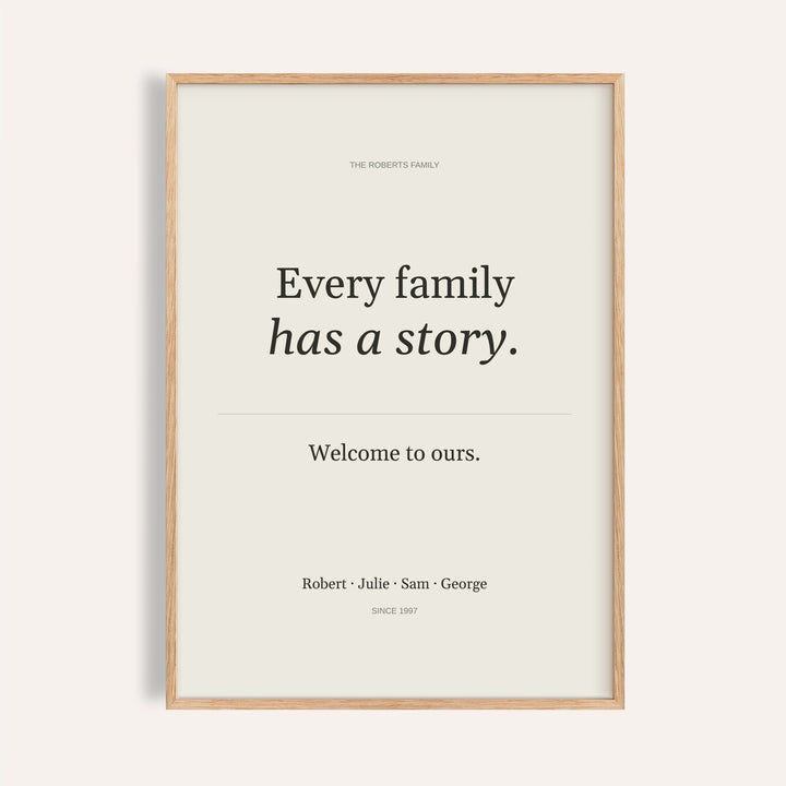 Family Story Poster personalised print, shown framed in natural wood