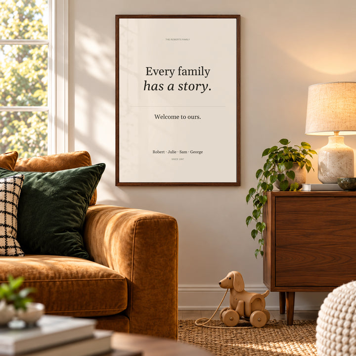 Family Story Poster in a cosy family living room, dark wood frame