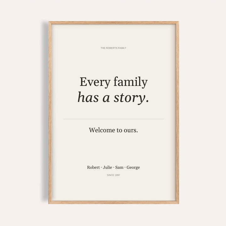 Family Story Poster personalised print, Natural wood frame
