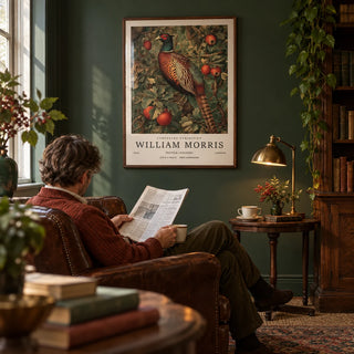 Pheasant Wall Art, framed on the wall of a characterful study with a deep green wall