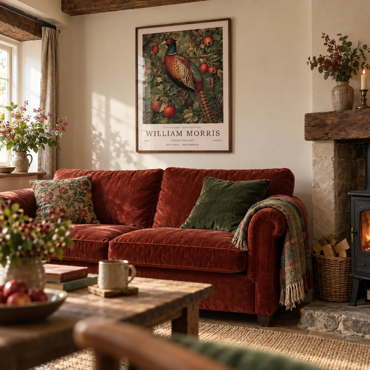 Pheasant Wall Art, framed on the wall of a cosy country living room with a warm cream wall and exposed beams