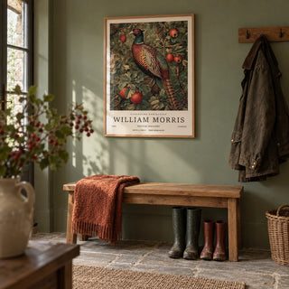 Pheasant Wall Art, framed on the wall of a country boot room with a sage green wall and a plain stone floor in a hallway