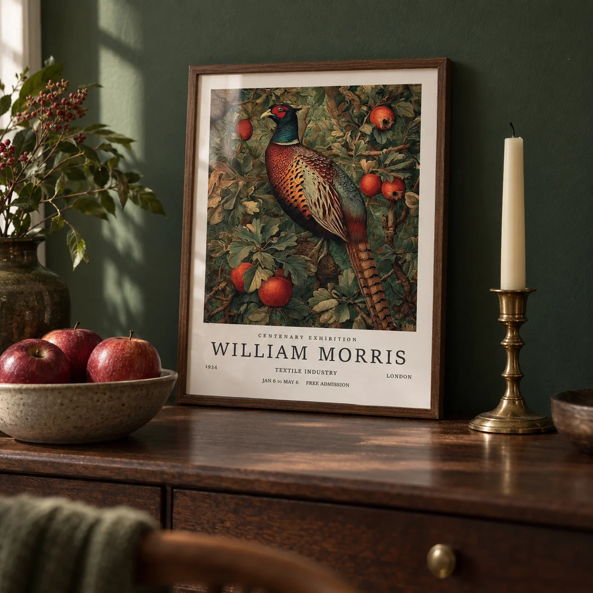 Pheasant Wall Art, a small A4 framed print leaning on a shelf in a living room
