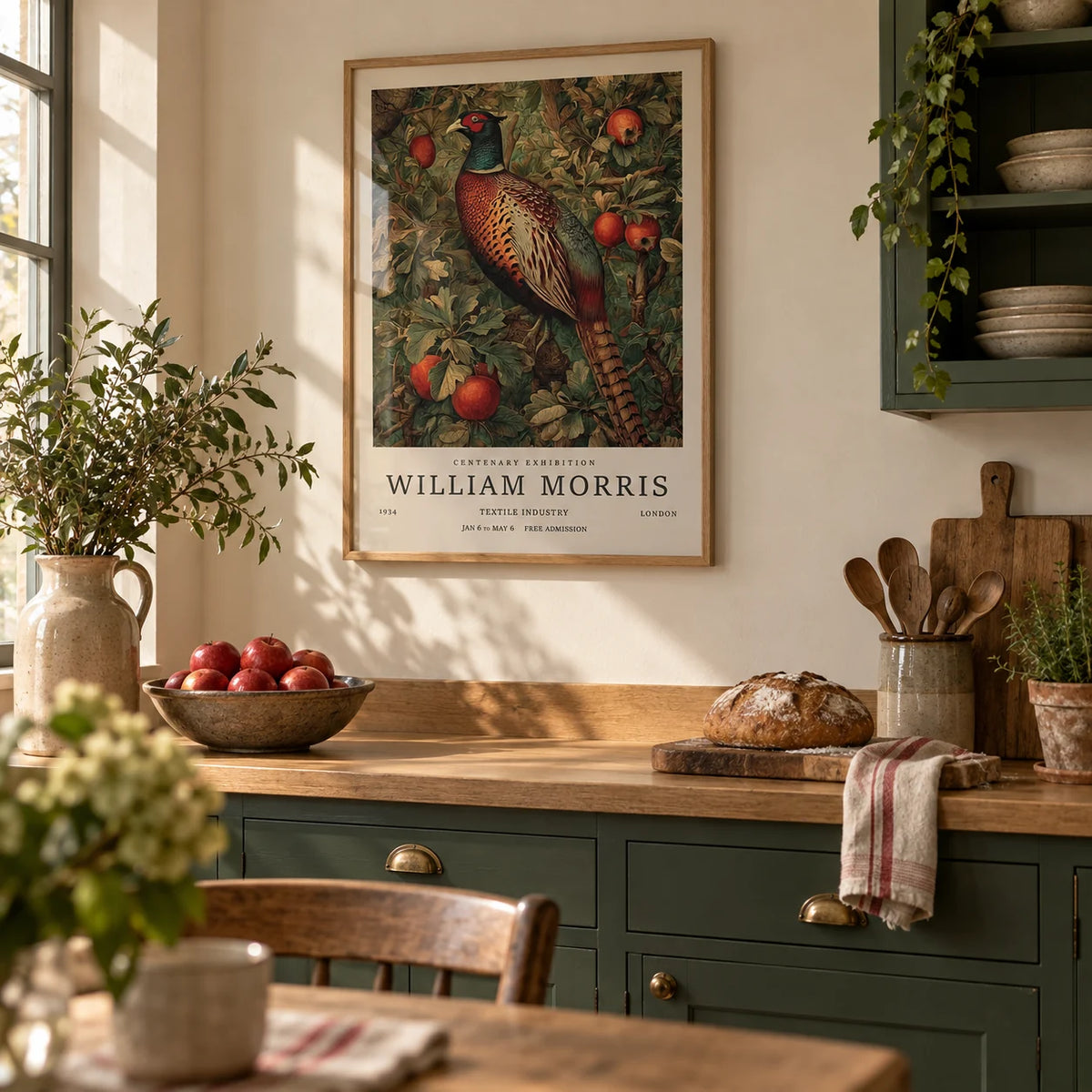 Pheasant Wall Art, framed on the wall of a warm farmhouse kitchen with a cream wall and deep green painted cabinets