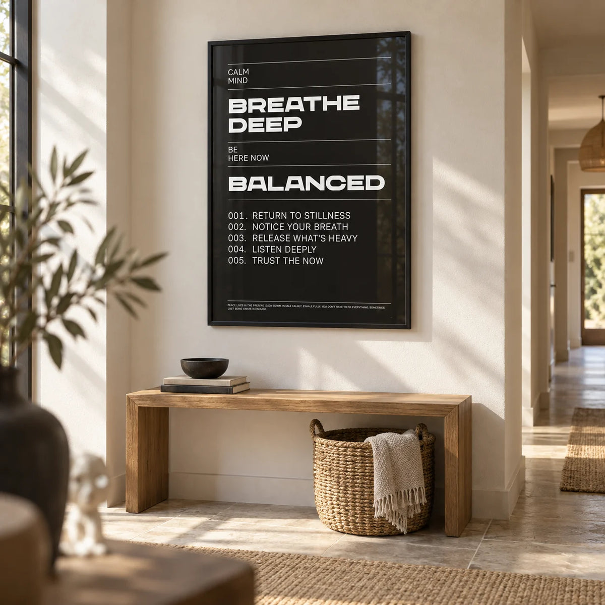 Phrases for Wall Art, framed on the wall of a calm hallway with a warm white wall and a pale stone floor