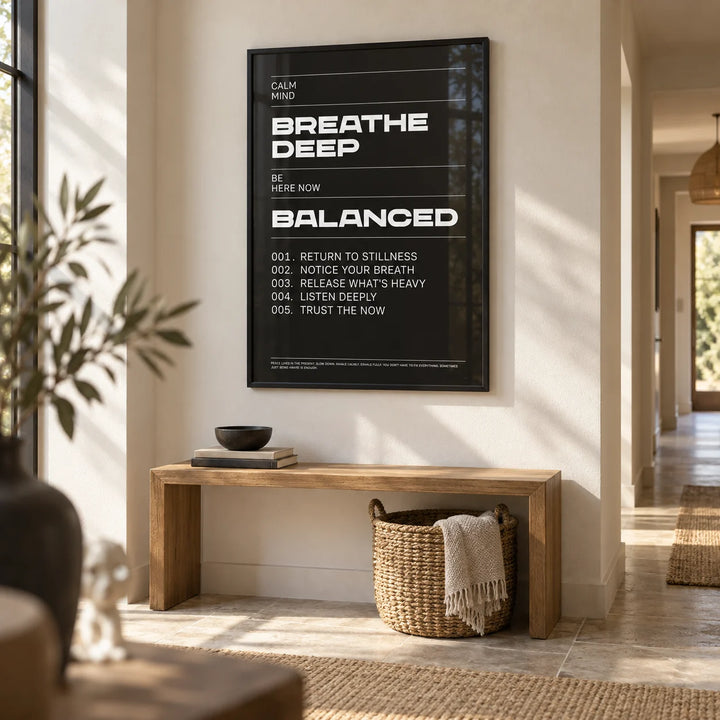 Phrases for Wall Art, framed on the wall of a calm hallway with a warm white wall and a pale stone floor
