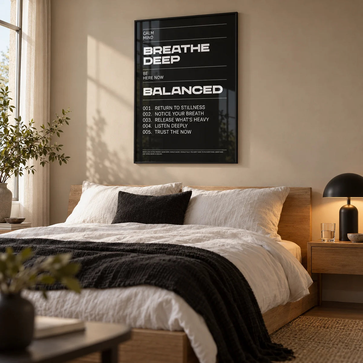 Phrases for Wall Art, framed on the wall of a calm modern bedroom with a warm beige wall