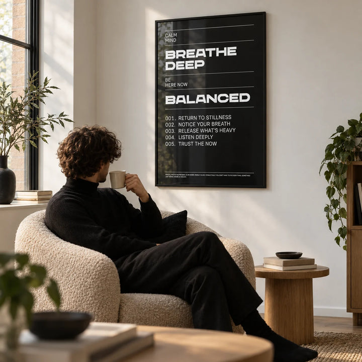 Phrases for Wall Art, framed on the wall of a calm reading corner with a white wall in a living room
